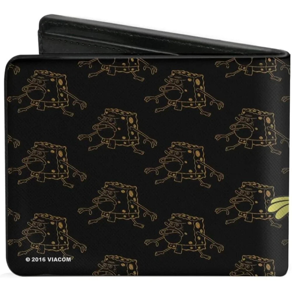 ✨Men's Black Squarepants Buckle-Down PU Bifold Primitive Sponge Pose Wallets